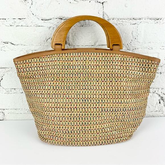 Fossil Handbags - Fossil Vintage Wooden Handle Rainbow Multicolored Woven Rattan Straw Tote